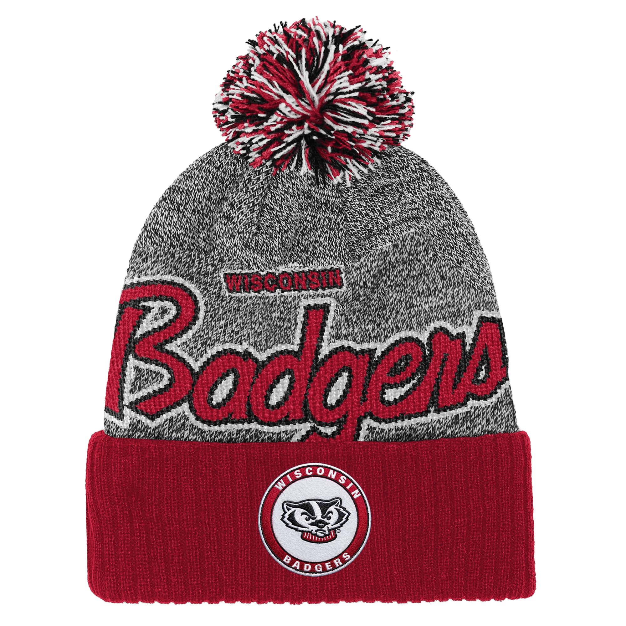 Youth Mitchell & Ness Red Wisconsin Badgers Mascot Cuffed Knit Hat with Pom
