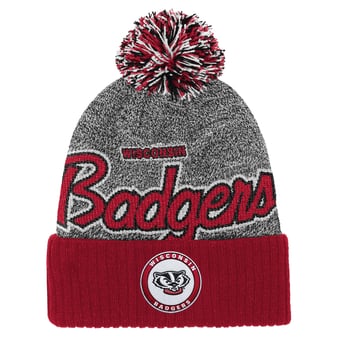Youth Mitchell & Ness Red Wisconsin Badgers Mascot Cuffed Knit Hat with Pom
