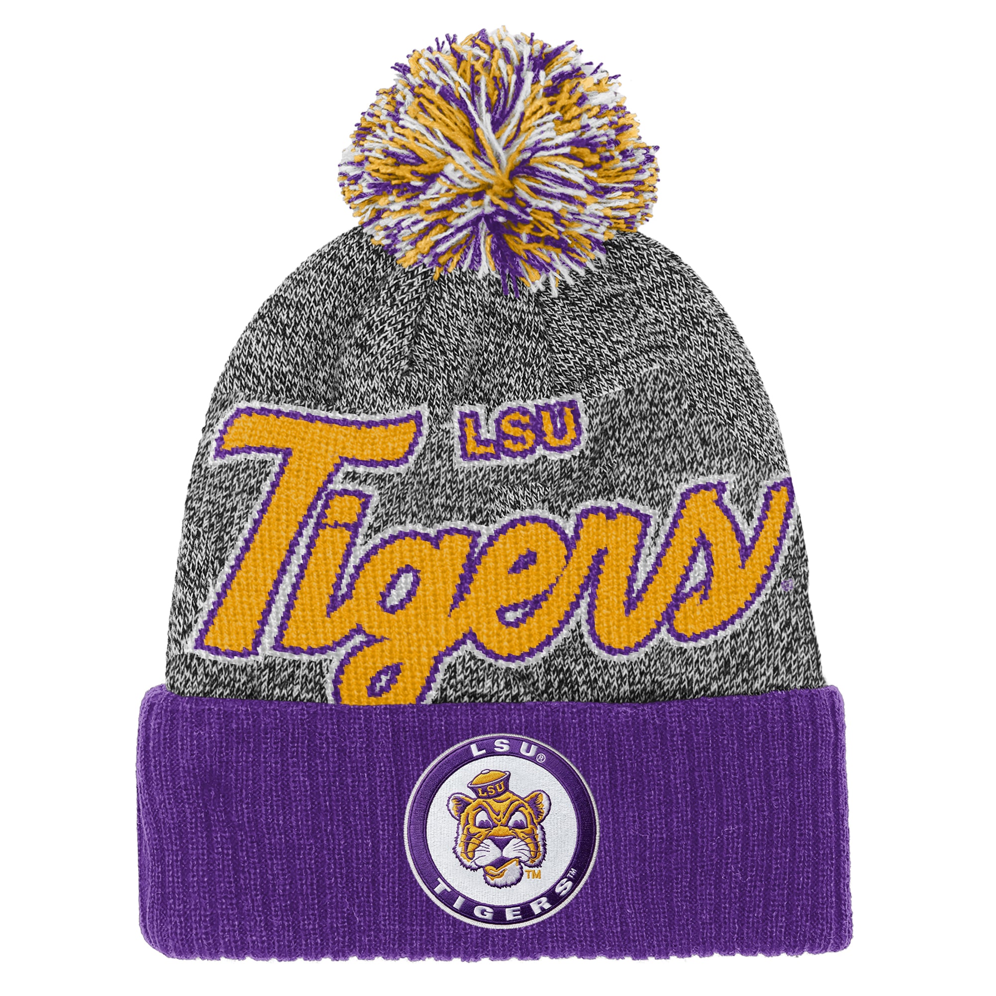 Youth Mitchell & Ness Purple LSU Tigers Mascot Cuffed Knit Hat with Pom