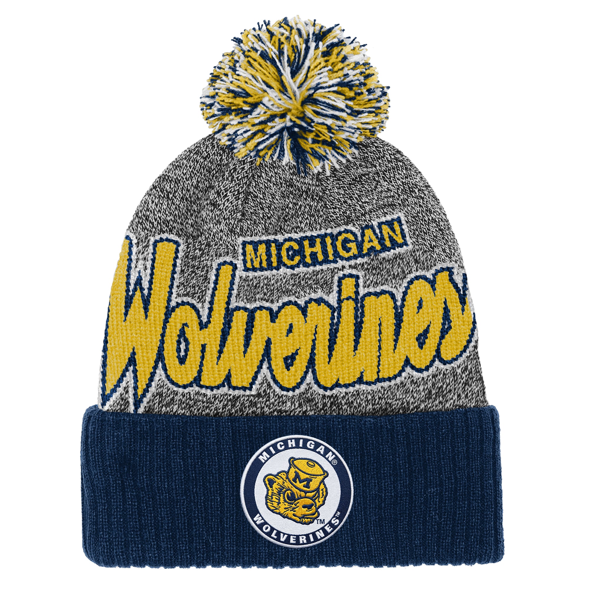 Youth Mitchell & Ness Navy Michigan Wolverines Mascot Cuffed Knit Hat with Pom