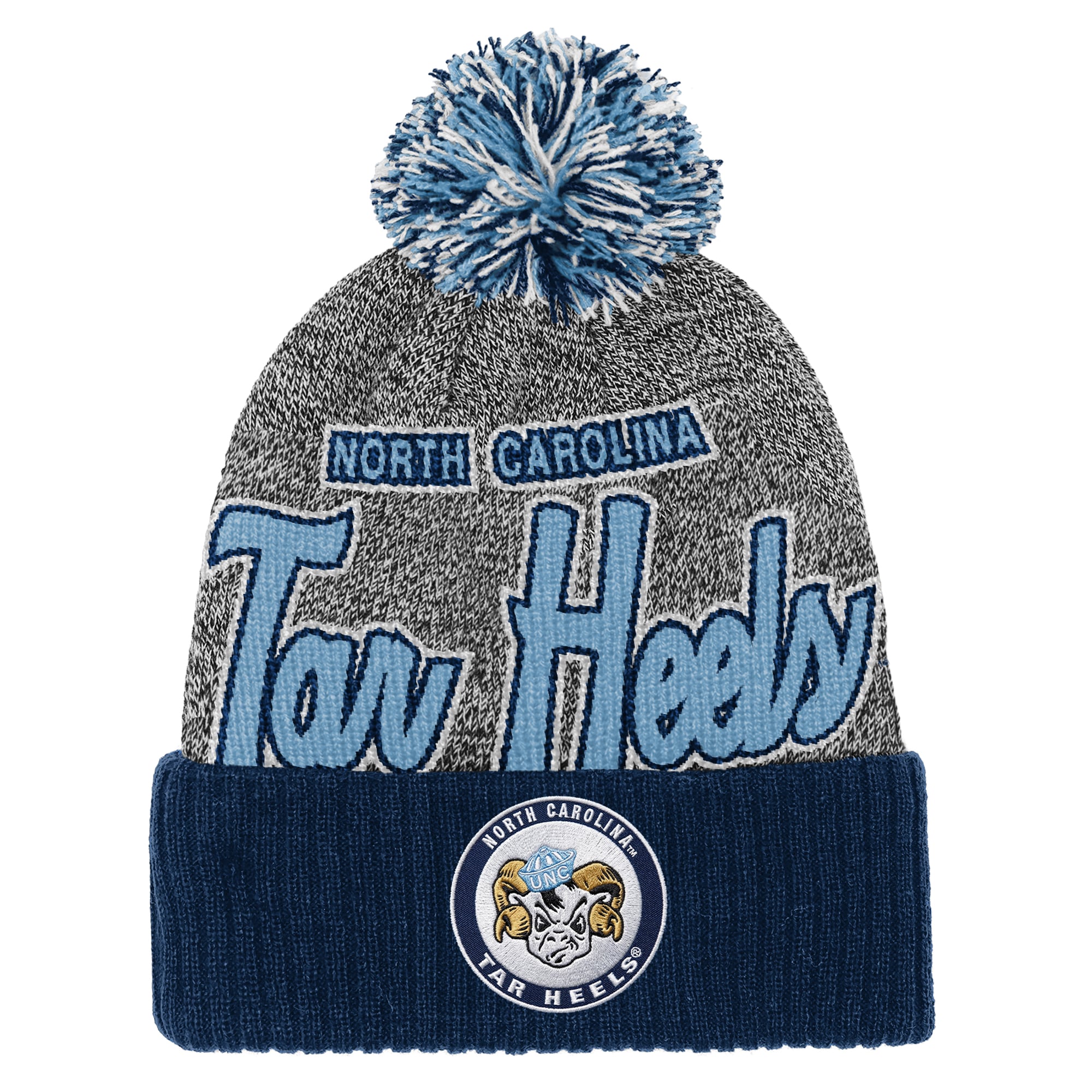 Youth Mitchell & Ness Navy North Carolina Tar Heels Mascot Cuffed Knit Hat with Pom