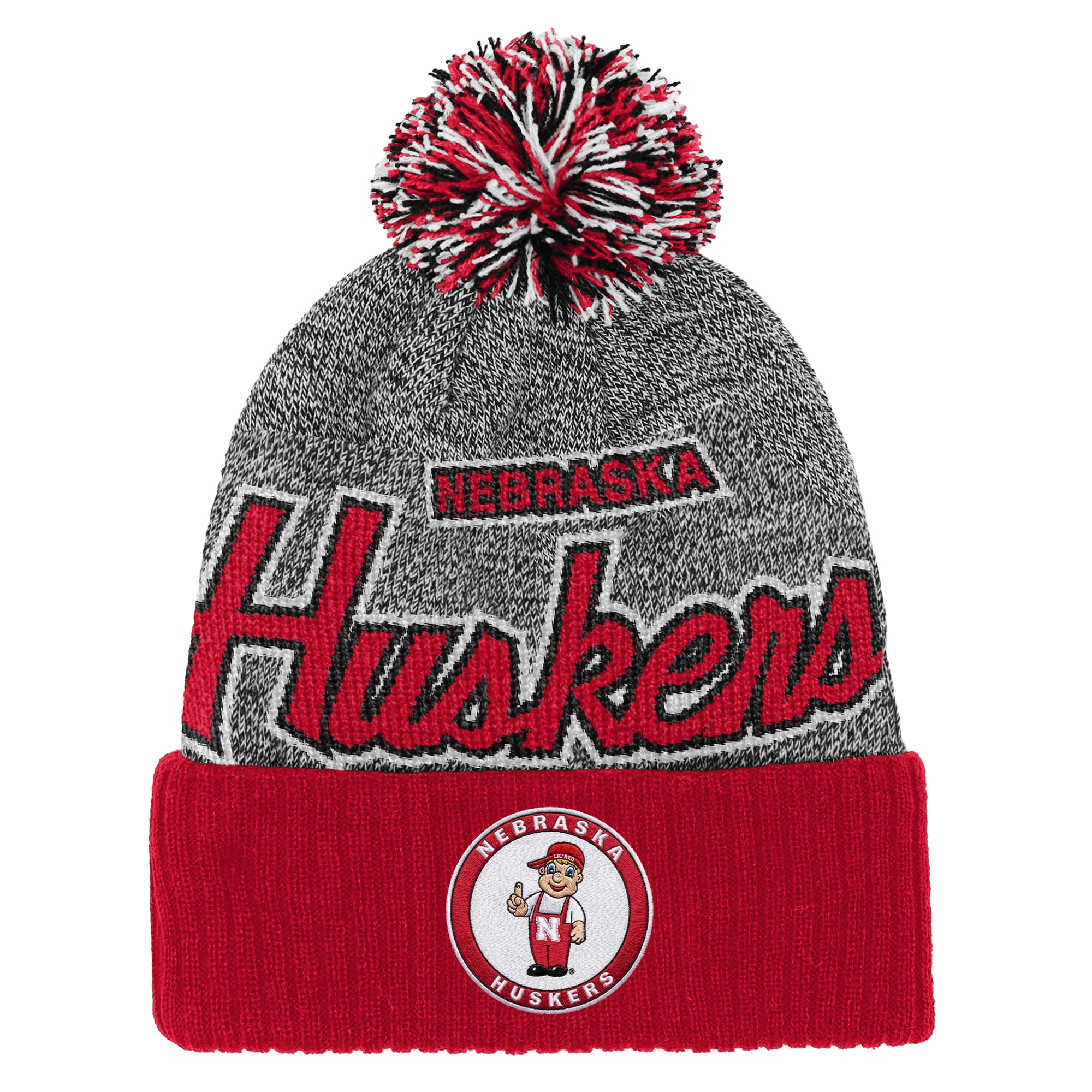 Youth Mitchell & Ness Scarlet Nebraska Huskers Mascot Cuffed Knit Hat with Pom