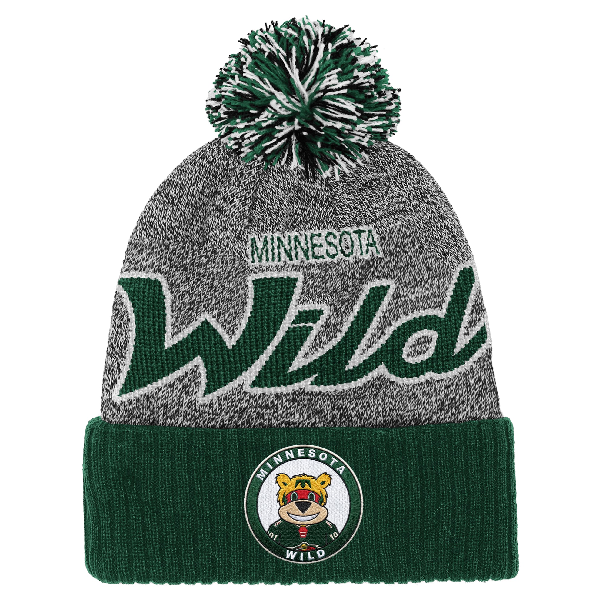 Youth Mitchell & Ness Green/Gray Minnesota Wild Mascot Cuffed Knit Hat with Pom