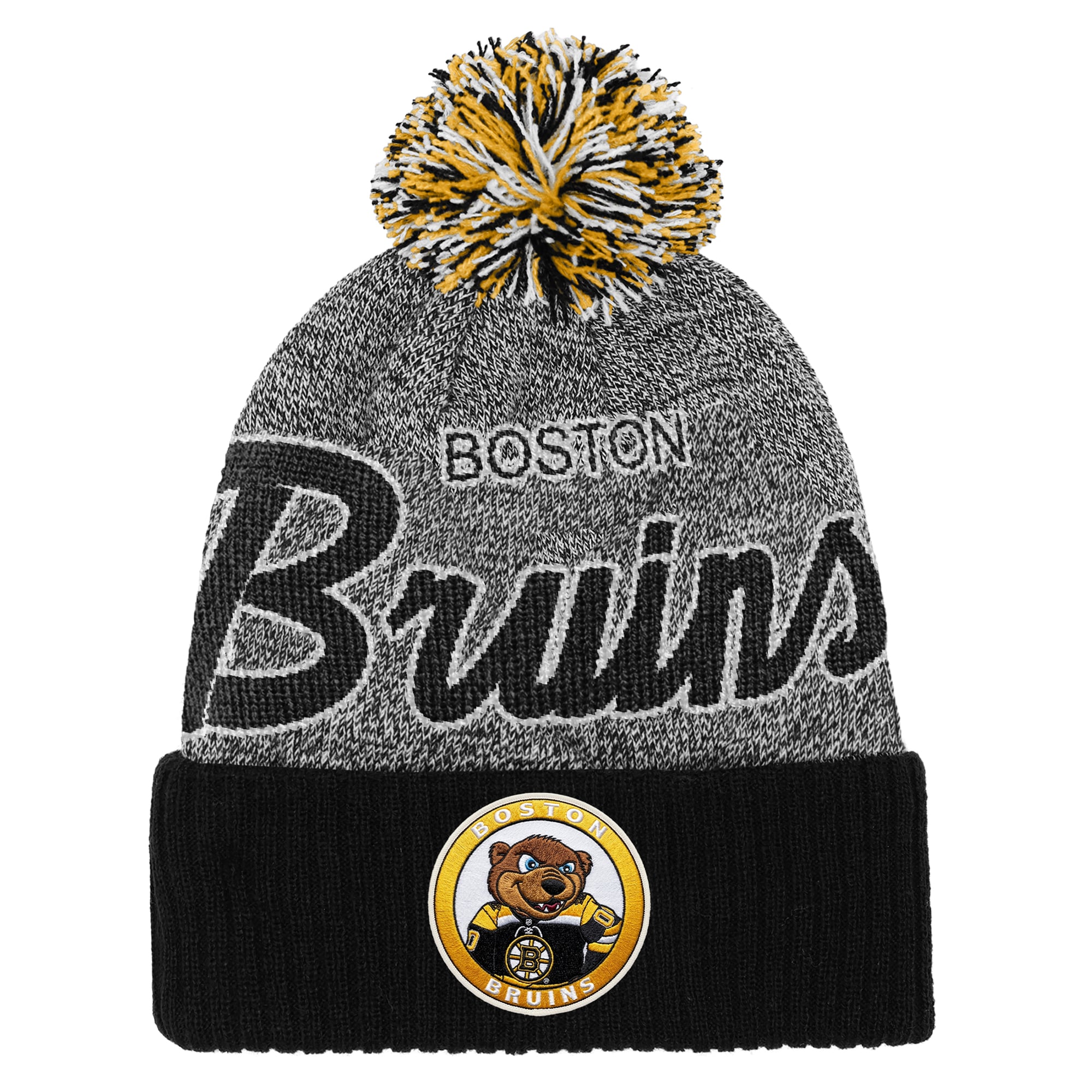 Youth Mitchell & Ness Black/Gray Boston Bruins Mascot Cuffed Knit Hat with Pom