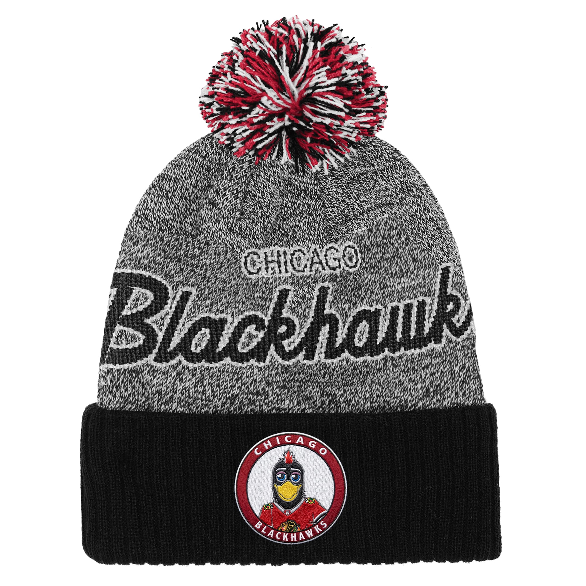 Youth Mitchell & Ness Black/Gray Chicago Blackhawks Mascot Cuffed Knit Hat with Pom