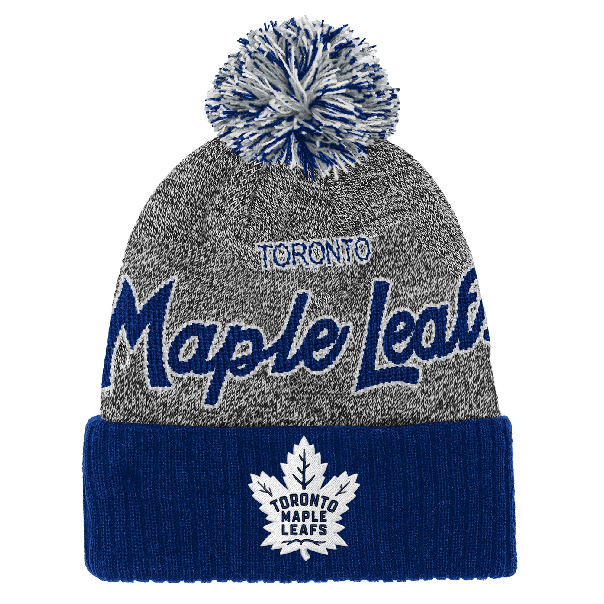 Youth Mitchell & Ness Blue/Gray Toronto Maple Leafs Mascot Cuffed Knit Hat with Pom