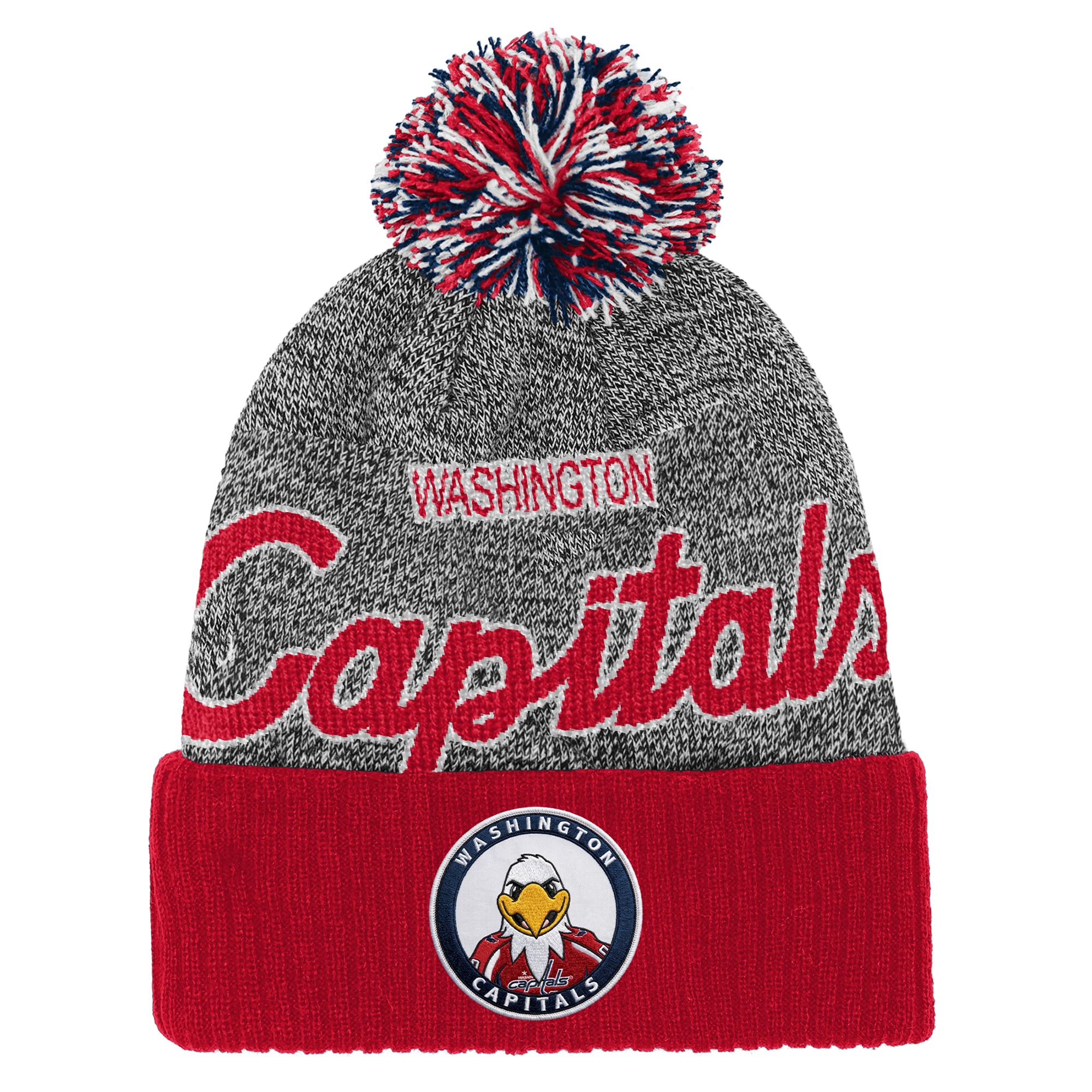 Youth Mitchell & Ness Red/Gray Washington Capitals Mascot Cuffed Knit Hat with Pom