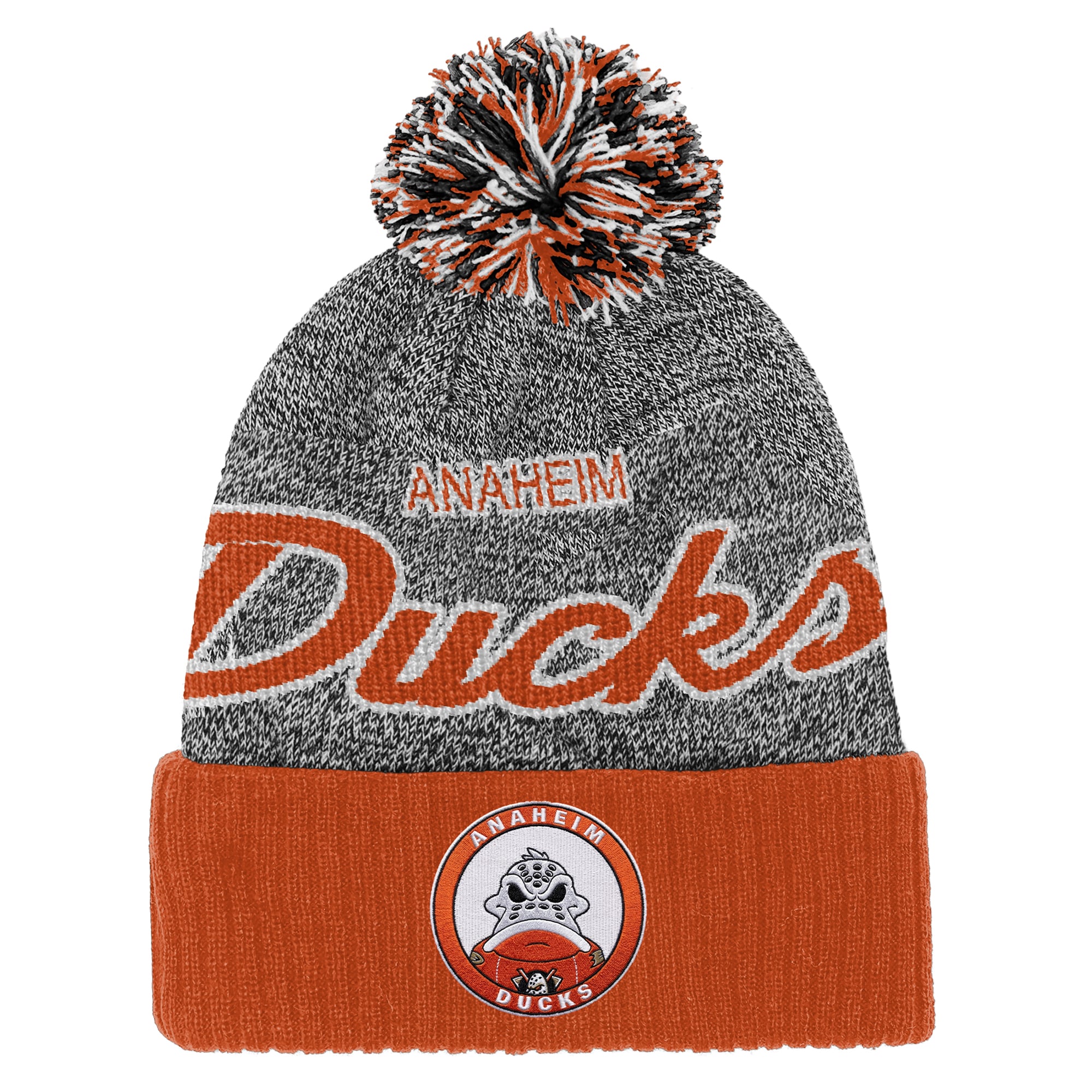 Youth Mitchell & Ness Orange/Gray Anaheim Ducks Mascot Cuffed Knit Hat with Pom