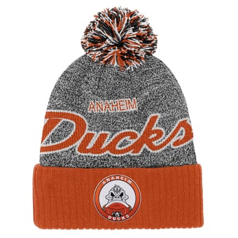 Youth Mitchell & Ness Orange/Gray Anaheim Ducks Mascot Cuffed Knit Hat with Pom