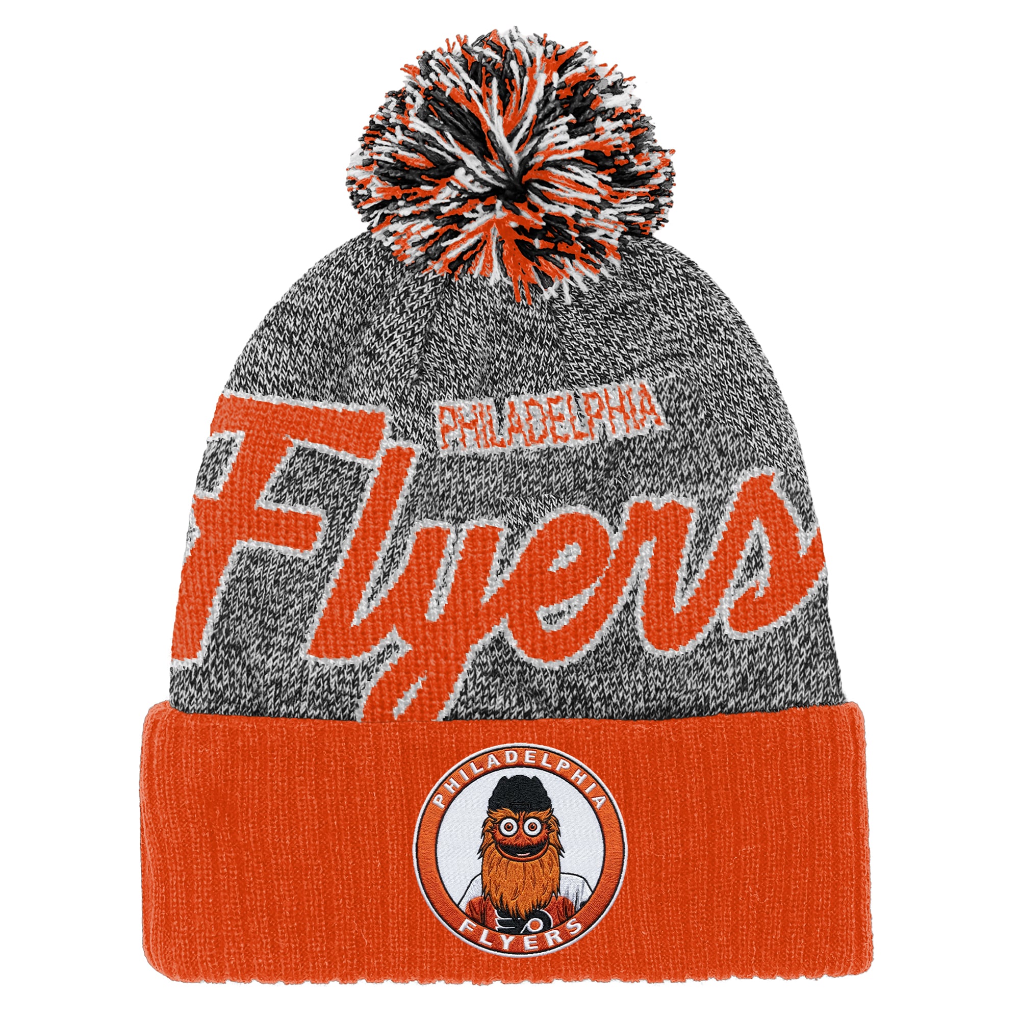 Youth Mitchell & Ness Orange/Gray Philadelphia Flyers Mascot Cuffed Knit Hat with Pom