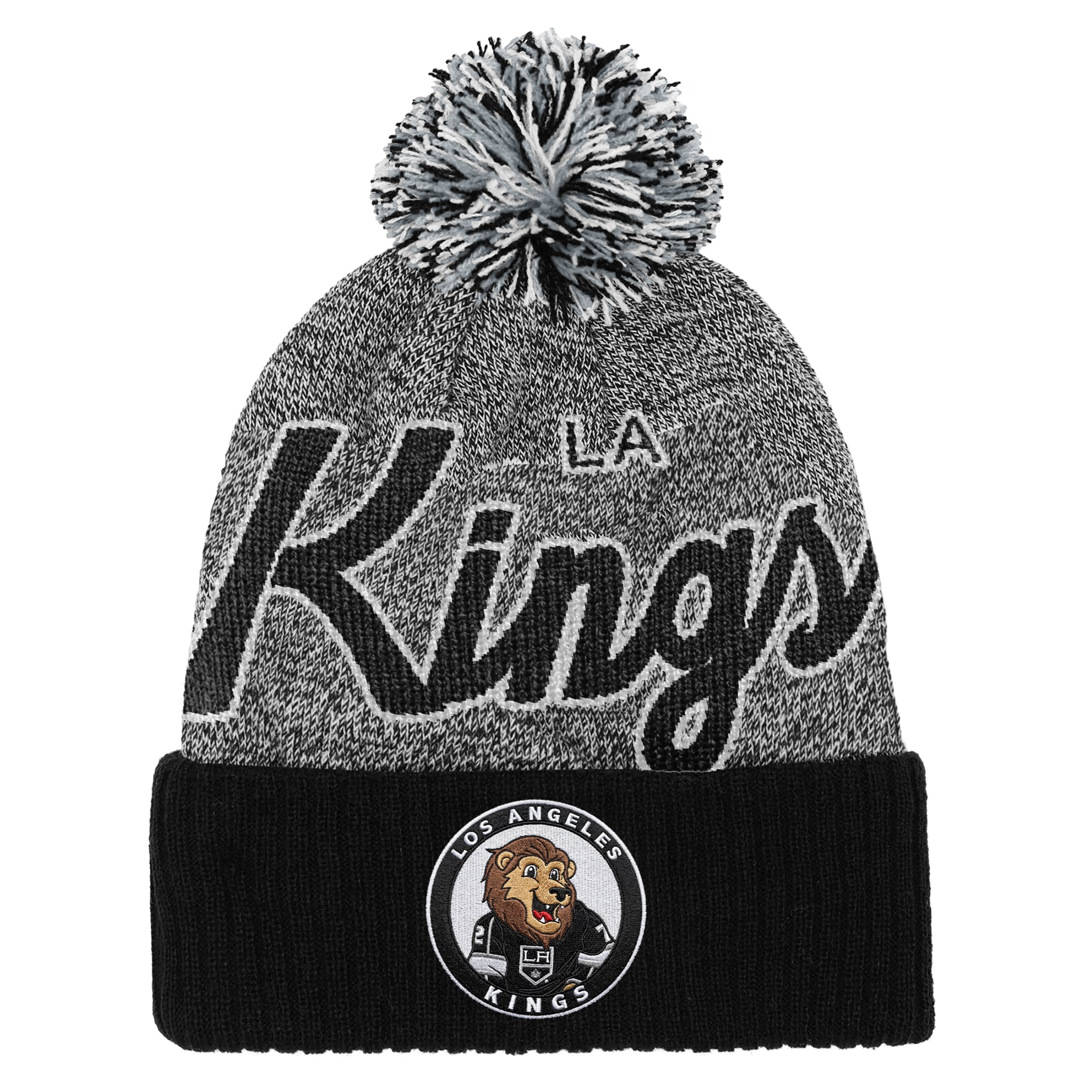 Youth Mitchell & Ness Black/Gray Los Angeles Kings Mascot Cuffed Knit Hat with Pom