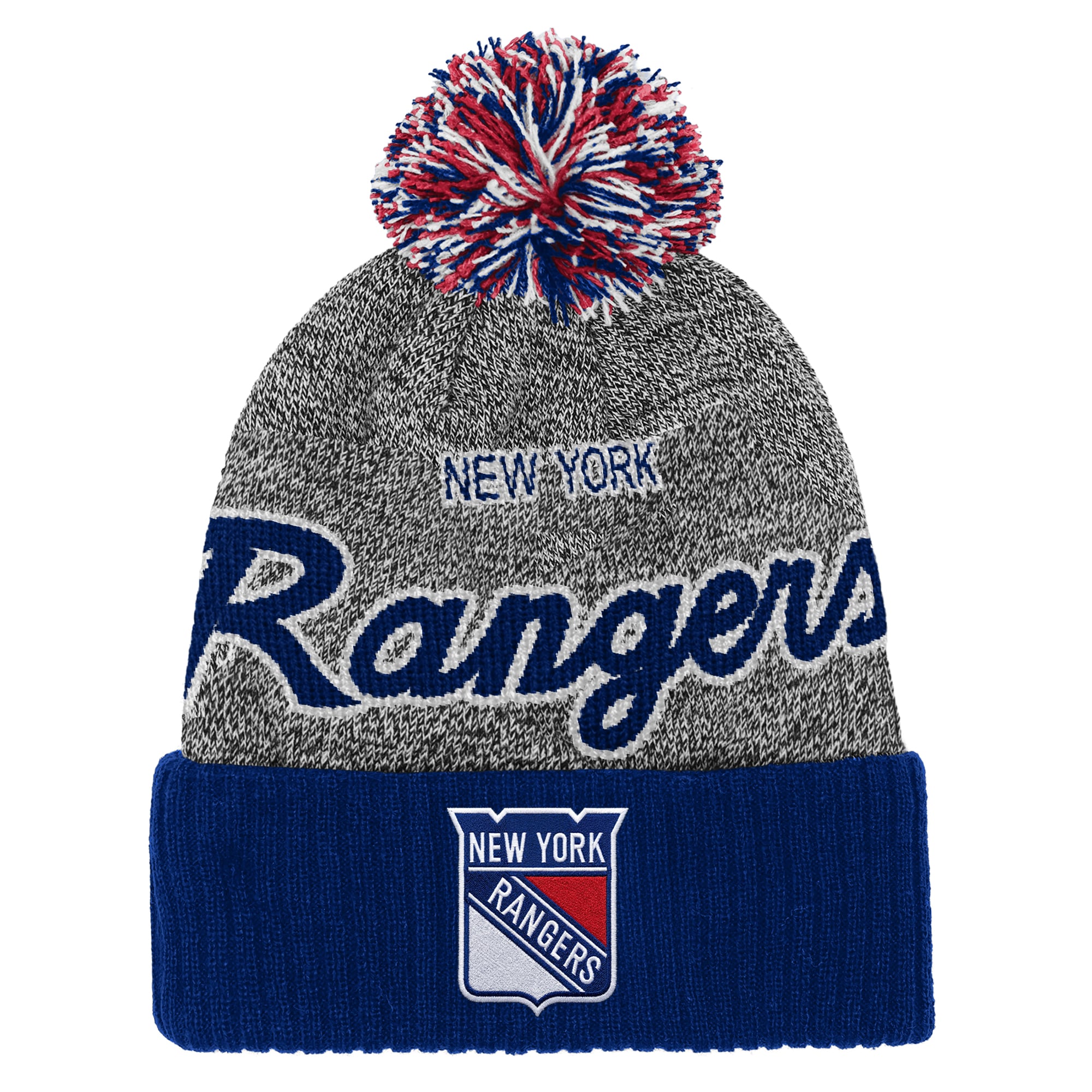 Youth Mitchell & Ness Blue/Gray New York Rangers Mascot Cuffed Knit Hat with Pom