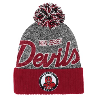 Youth Mitchell & Ness Red/Gray New Jersey Devils Mascot Cuffed Knit Hat with Pom