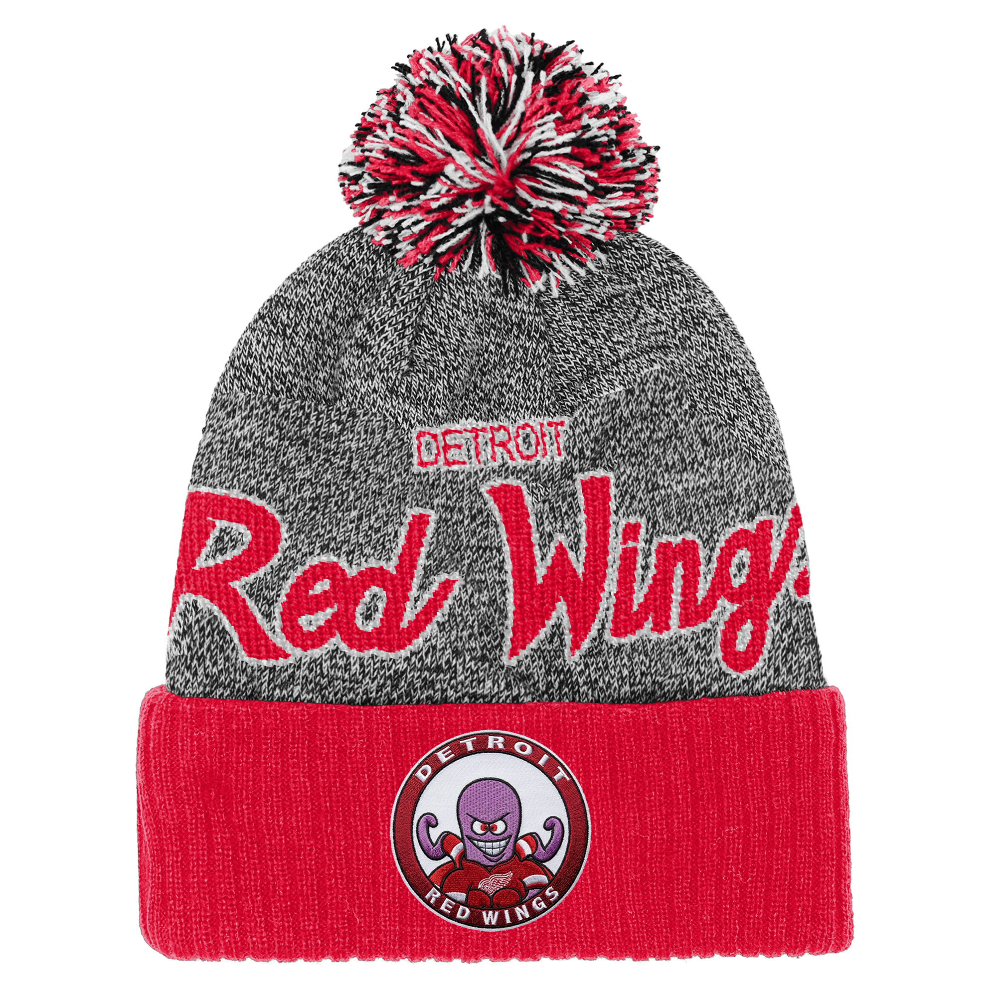 Youth Mitchell & Ness Red/Gray Detroit Red Wings Mascot Cuffed Knit Hat with Pom