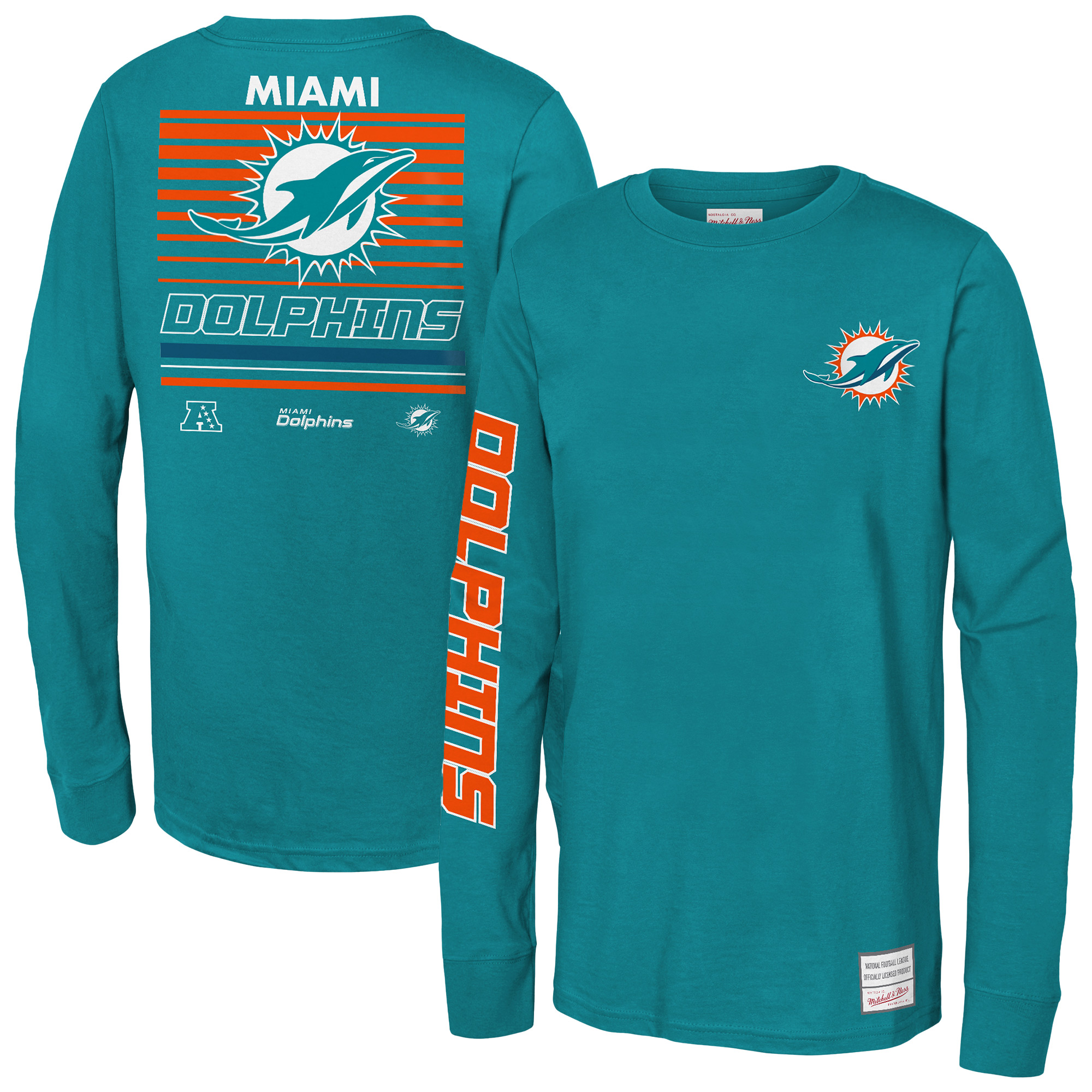 Youth Mitchell & Ness Aqua Miami Dolphins Triple Play Long Sleeve T-Shirt