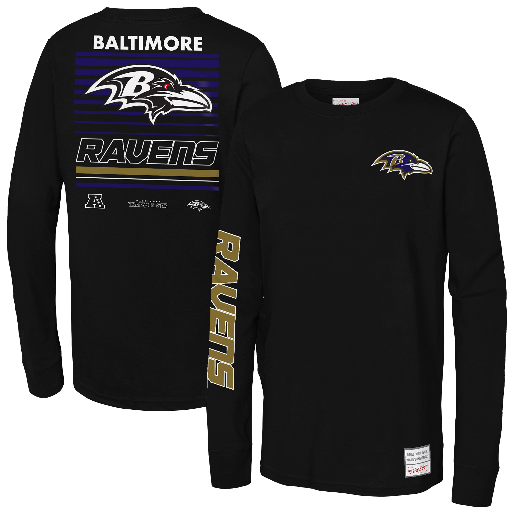 Youth Mitchell & Ness Black Baltimore Ravens Triple Play Long Sleeve T-Shirt