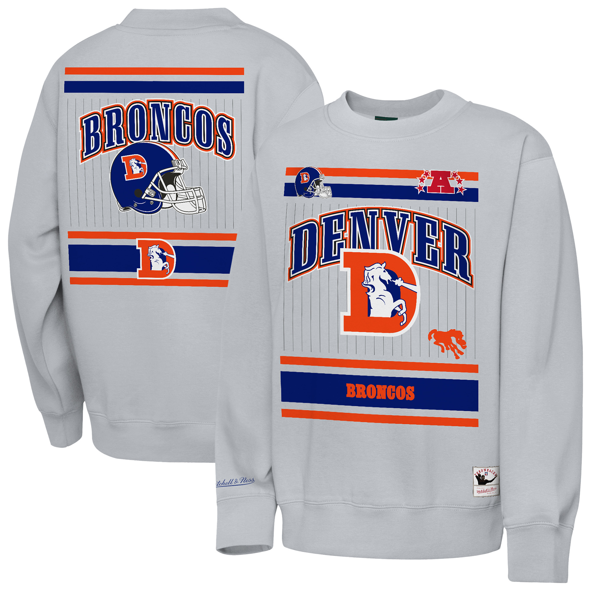 Youth Mitchell & Ness Heather Gray Denver Broncos Maxxed Out Fleece Fleece Crew Sweatshirt