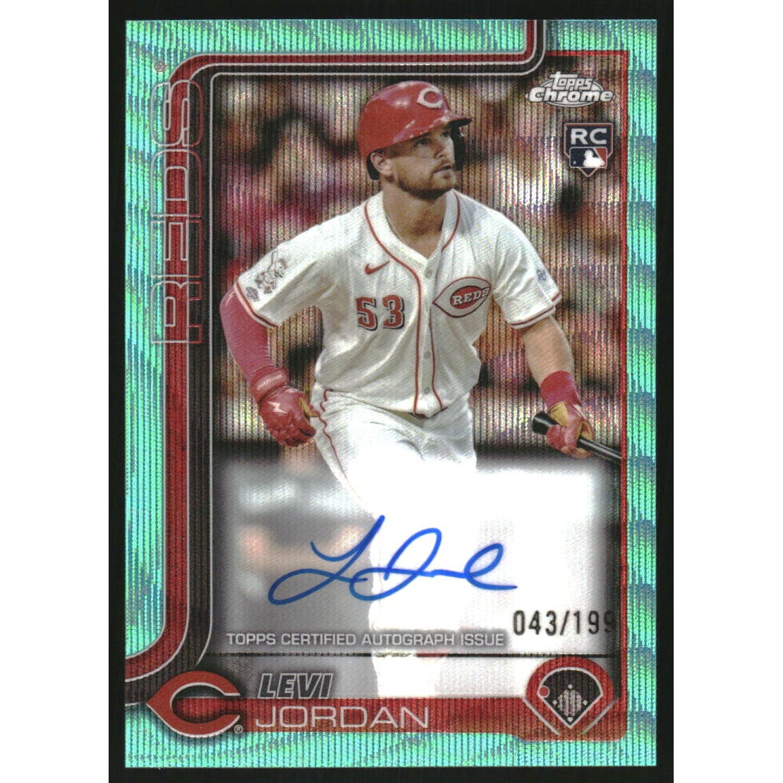 2025 Topps Chrome Rookie Autographs Aqua Wave Refractors #RALJ Levi Jordan. rookie card picture