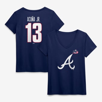 Women's Ronald Acuna Jr. Navy Atlanta Braves Celebrating America's 250th Name & Number V-Neck T-Shirt