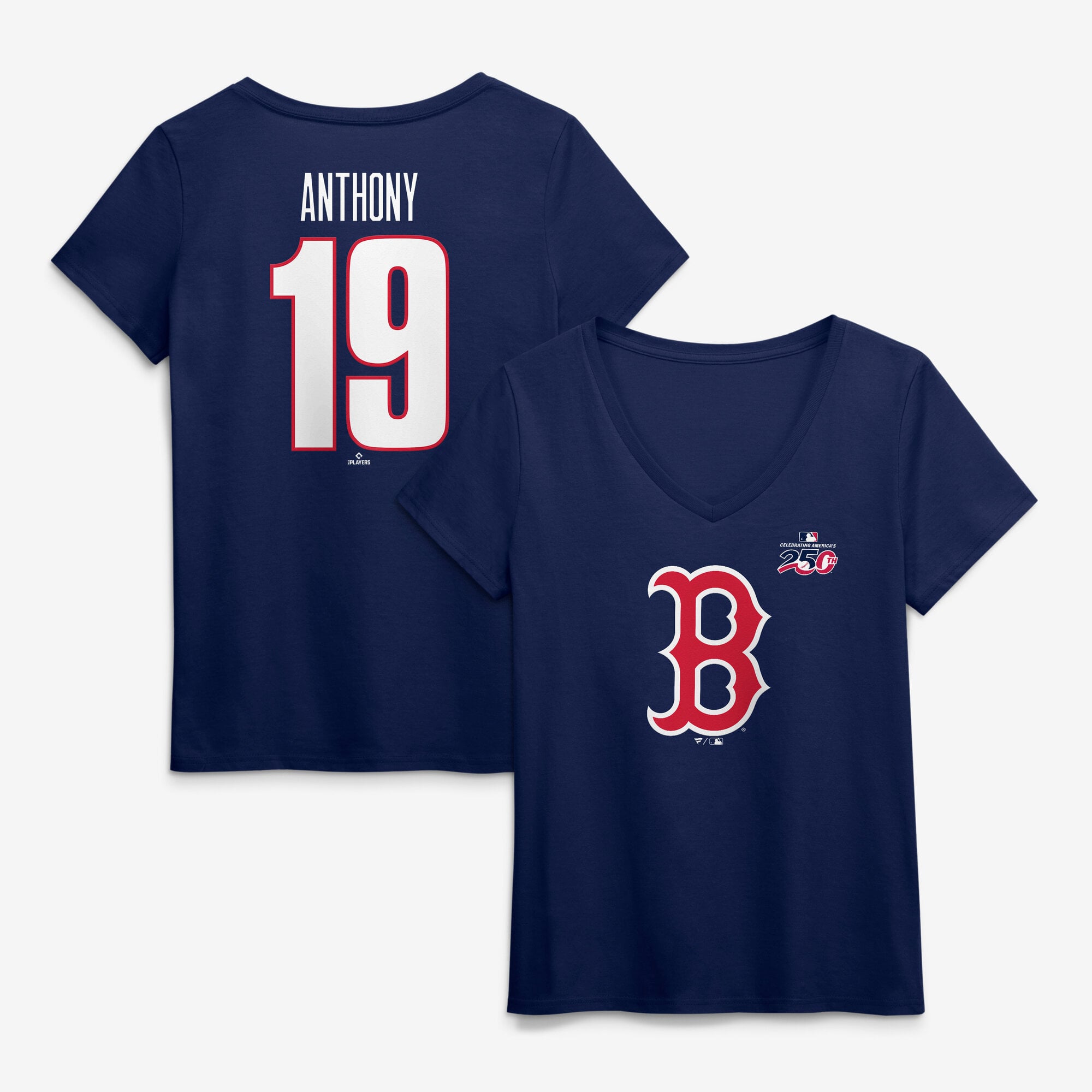 Women's Roman Anthony Navy Boston Red Sox Celebrating America's 250th Name & Number V-Neck T-Shirt
