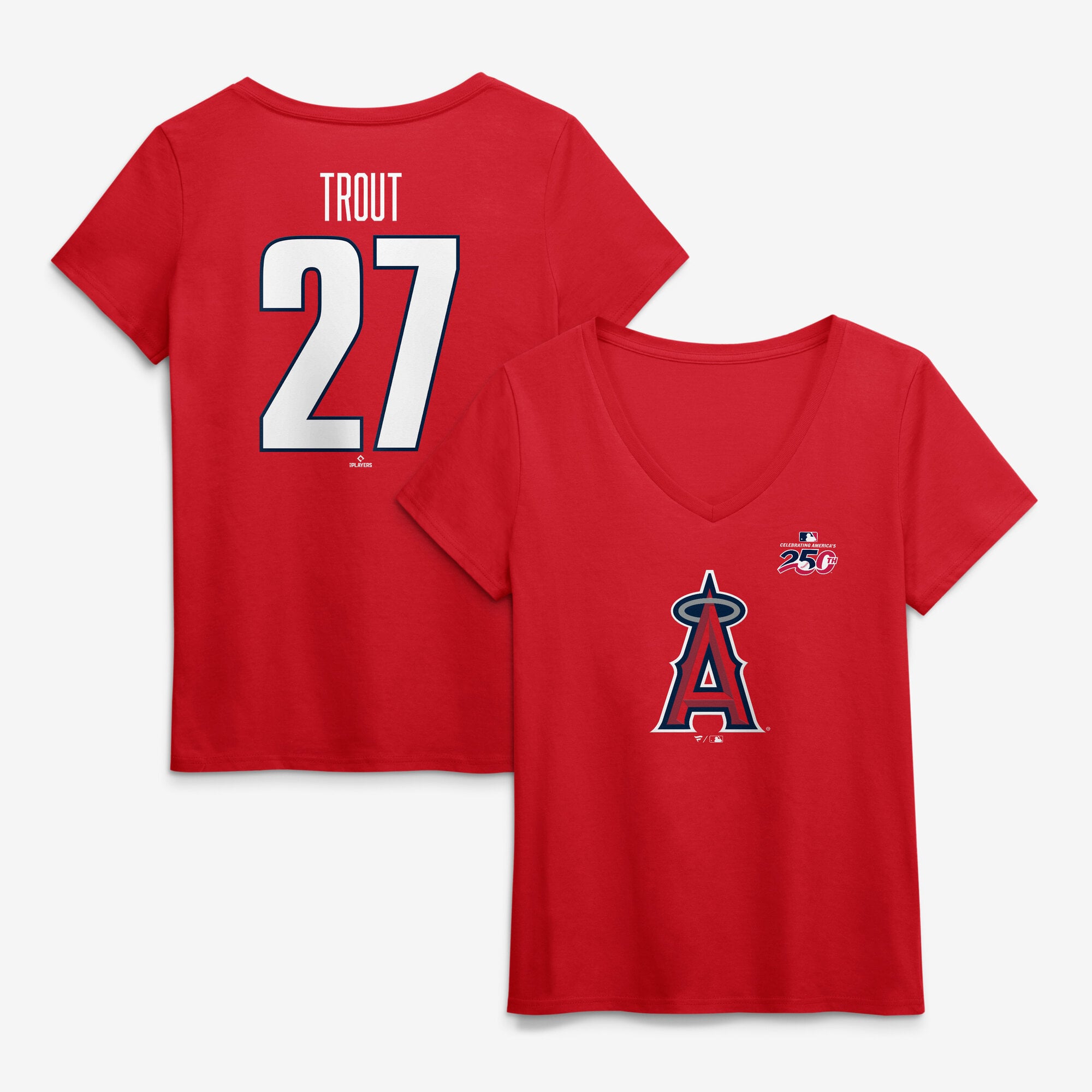 Women's Mike Trout Red Los Angeles Angels Celebrating America's 250th Name & Number V-Neck T-Shirt