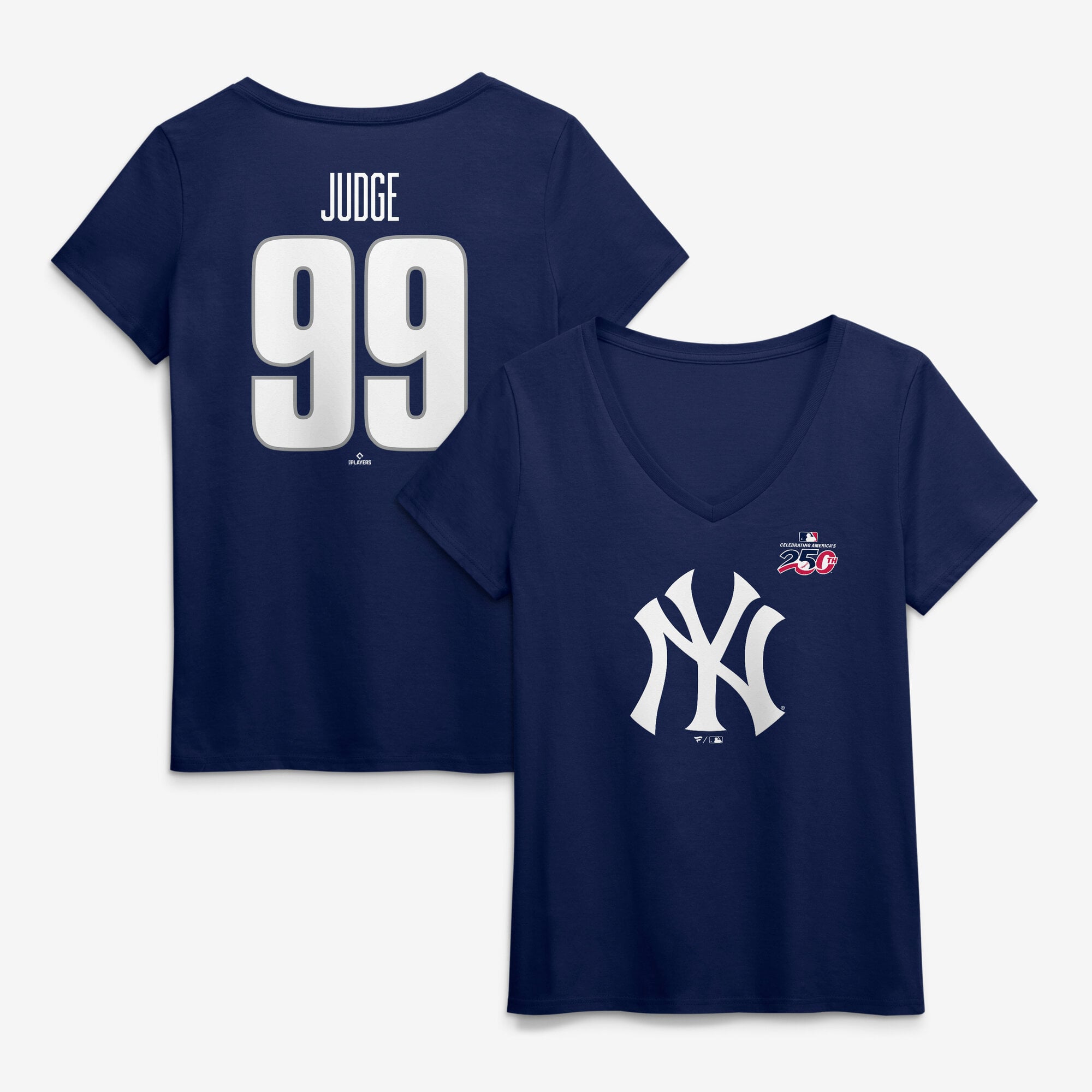 Women's Aaron Judge Navy New York Yankees Celebrating America's 250th Name & Number V-Neck T-Shirt