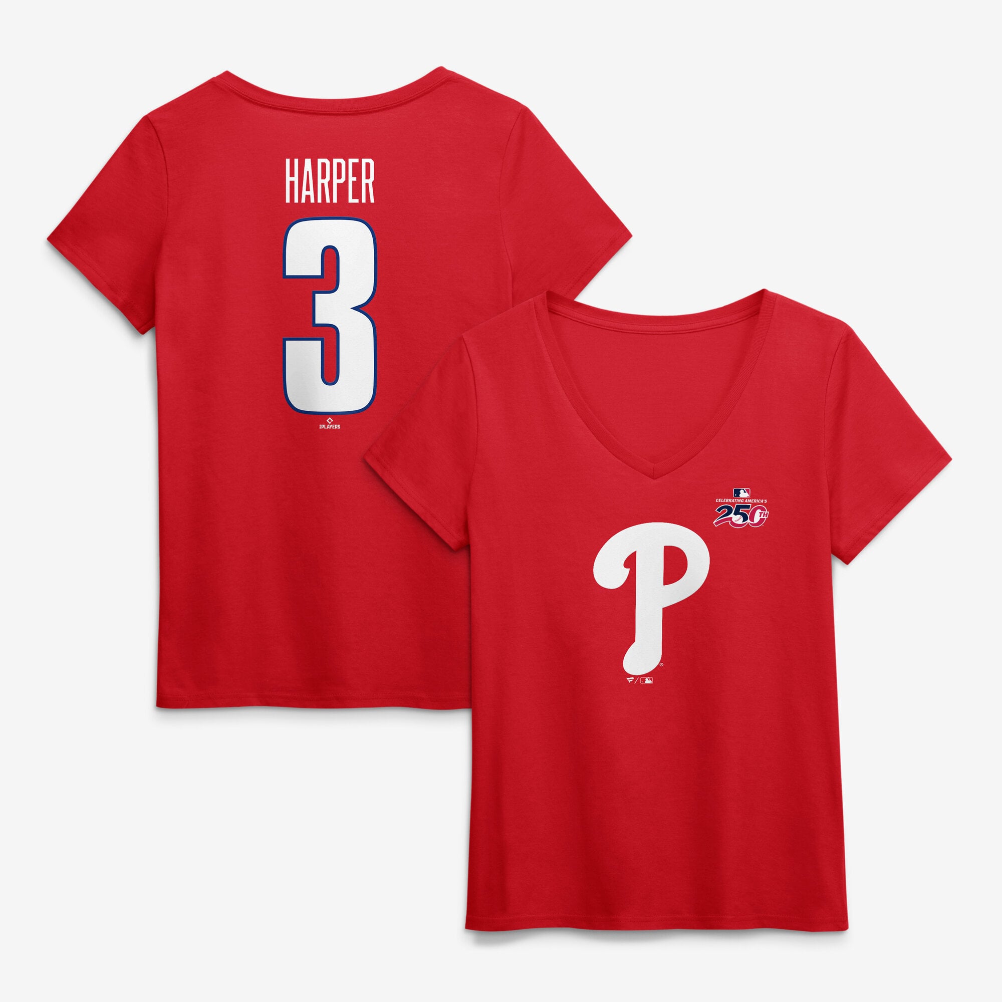 Women's Bryce Harper Red Philadelphia Phillies Celebrating America's 250th Name & Number V-Neck T-Shirt