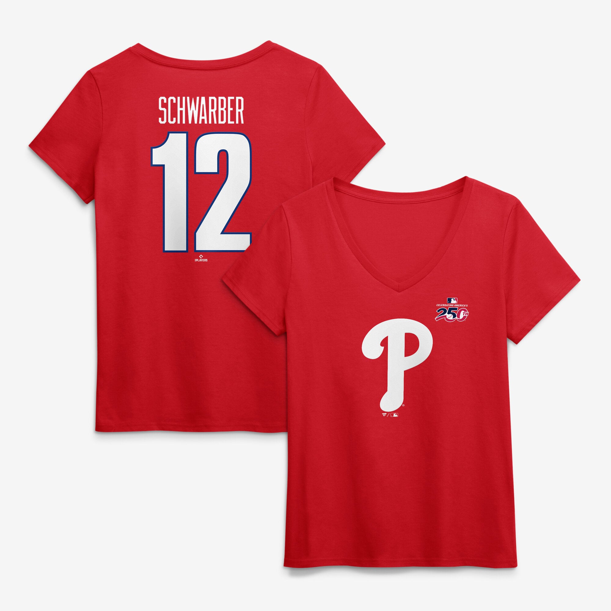 Women's Kyle Schwarber Red Philadelphia Phillies Celebrating America's 250th Name & Number V-Neck T-Shirt