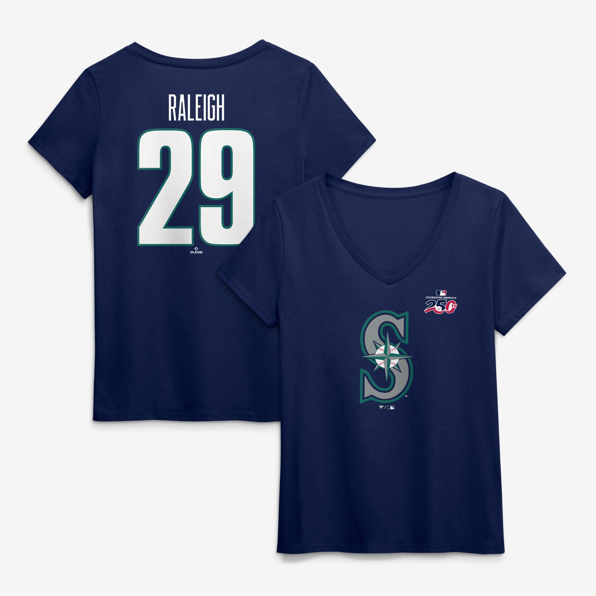 Women's Cal Raleigh Navy Seattle Mariners Celebrating America's 250th Name & Number V-Neck T-Shirt