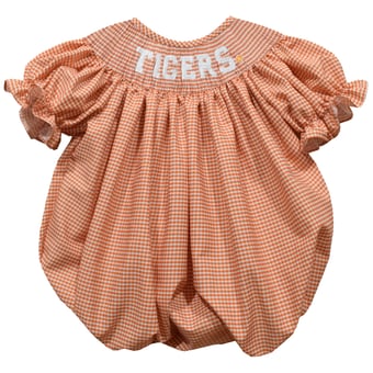 Girls Infant Vive La Fete Orange Clemson Tigers Gingham Smocked Bishop Bubble Dress