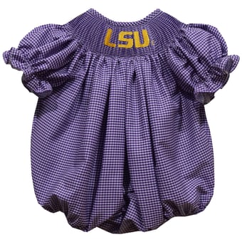 Girls Infant Vive La Fete Purple LSU Tigers Gingham Smocked Bishop Bubble Dress