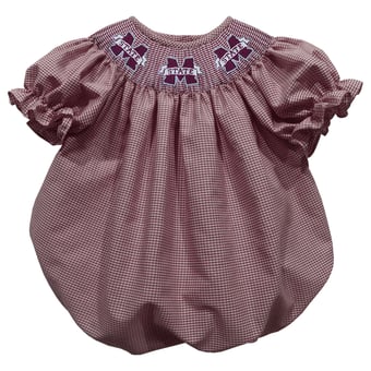 Girls Infant Vive La Fete Maroon Mississippi State Bulldogs Gingham Smocked Bishop Bubble Dress