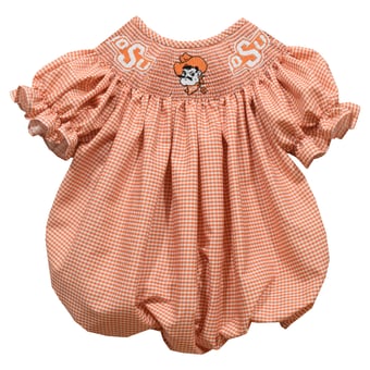 Girls Infant Vive La Fete Orange Oklahoma State Cowboys Gingham Smocked Bishop Bubble Dress