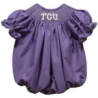 Girls Infant Vive La Fete Purple TCU Horned Frogs Gingham Smocked Bishop Bubble Dress