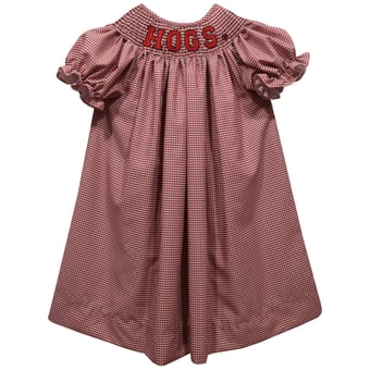 Girls Infant Vive La Fete Cardinal Arkansas Razorbacks Mini-Check Smocked Bishop Dress