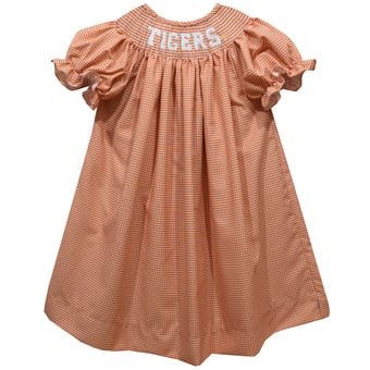 Girls Infant Vive La Fete Orange Clemson Tigers Mini-Check Smocked Bishop Dress