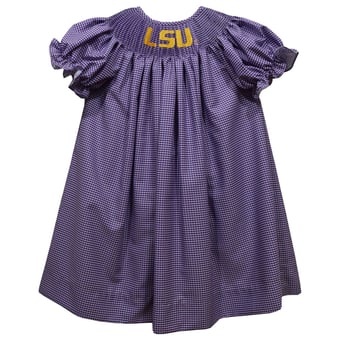 Girls Toddler Vive La Fete Purple LSU Tigers Mini-Check Smocked Bishop Dress