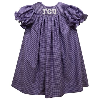 Girls Toddler Vive La Fete Purple TCU Horned Frogs Mini-Check Smocked Bishop Dress