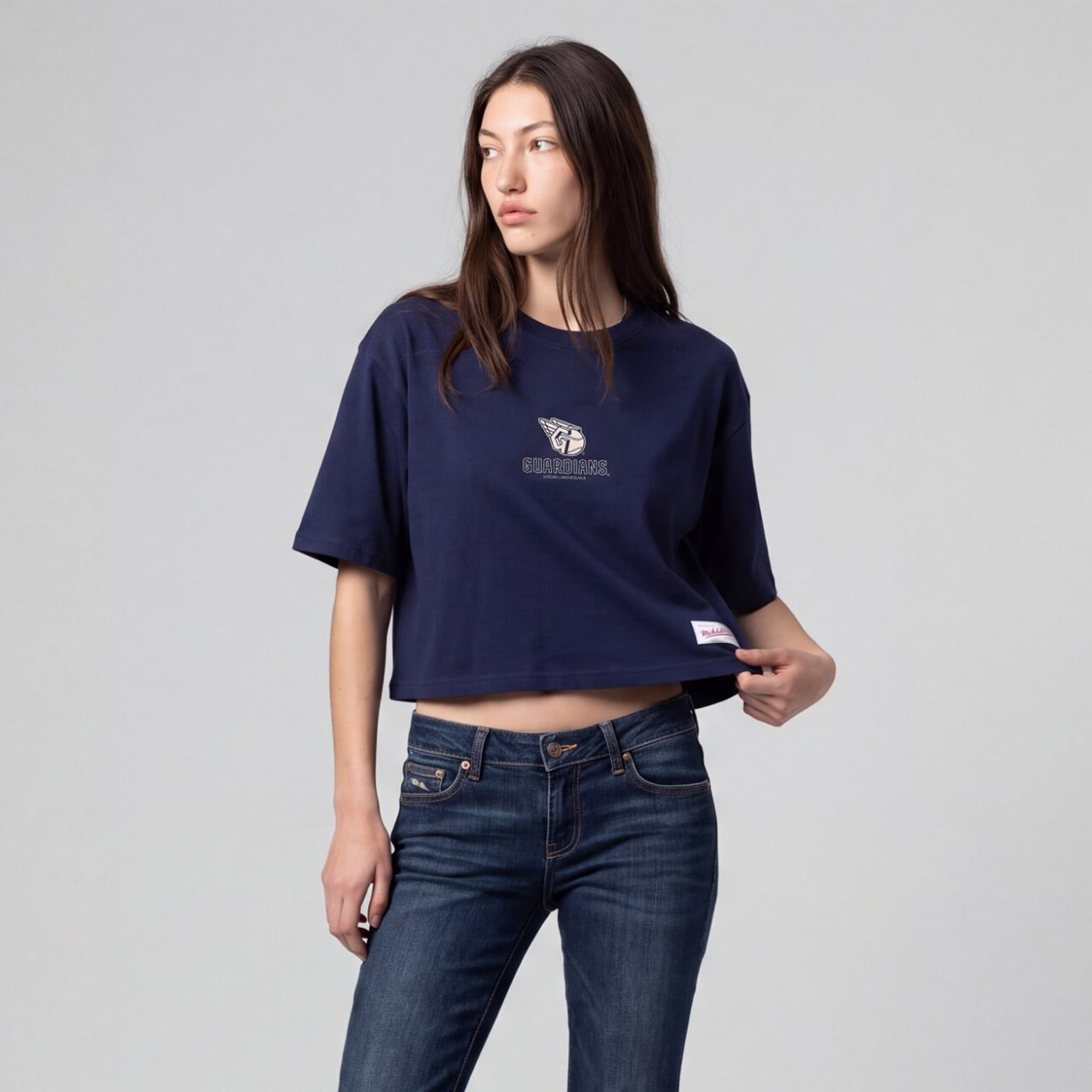 Women's Mitchell & Ness Navy Cleveland Guardians Core Essentials Boxy Crop T-Shirt