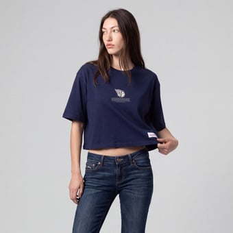 Women's Mitchell & Ness Navy Cleveland Guardians Core Essentials Boxy Crop T-Shirt