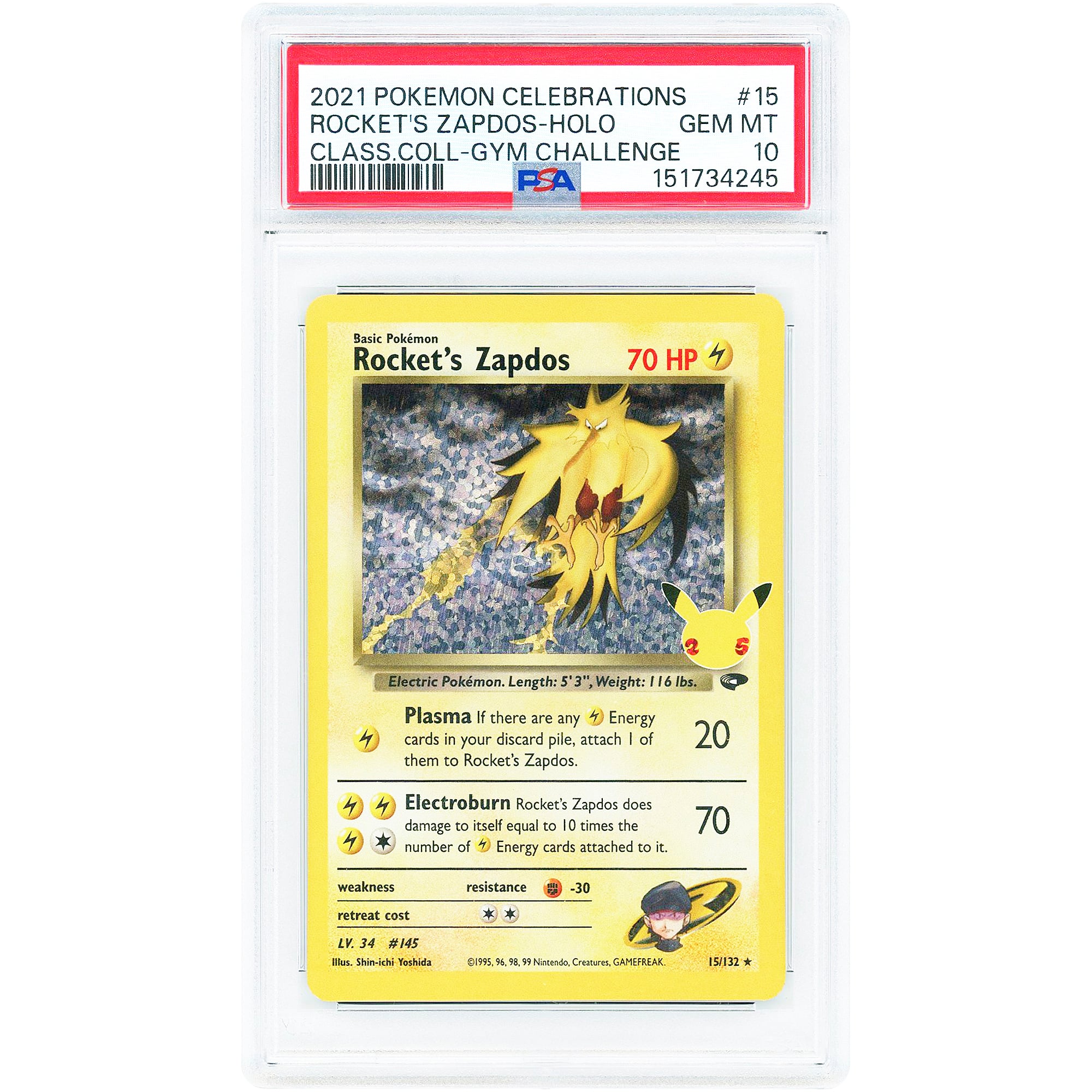 Rocket's Zapdos 2021 Pokemon Celebrations Classic Collection #15 PSA Authenticated 10 Card