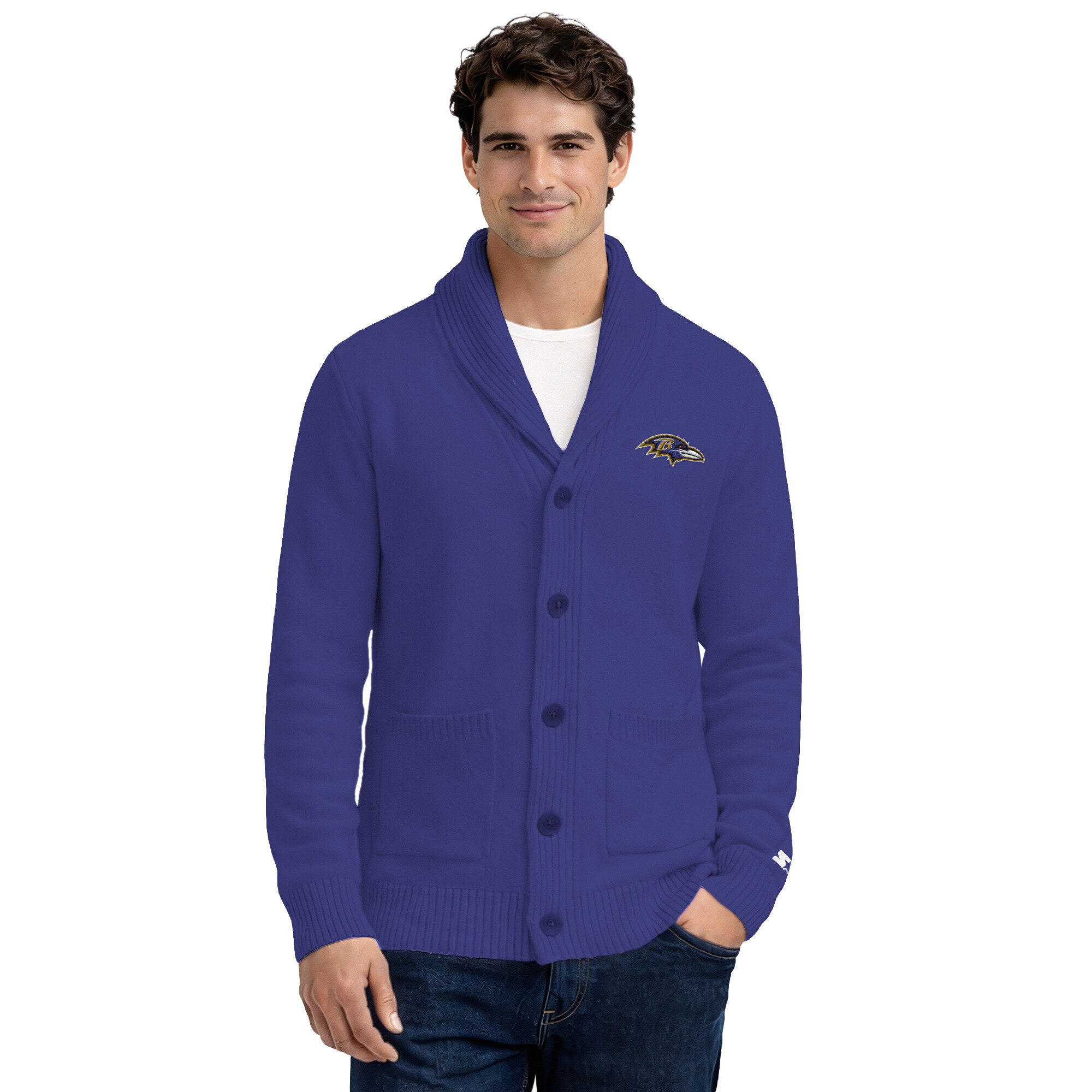 Starter Men's Purple Baltimore Ravens Shawl Collar Heavy Knit Cardigan Sweater - Purple, Cream
