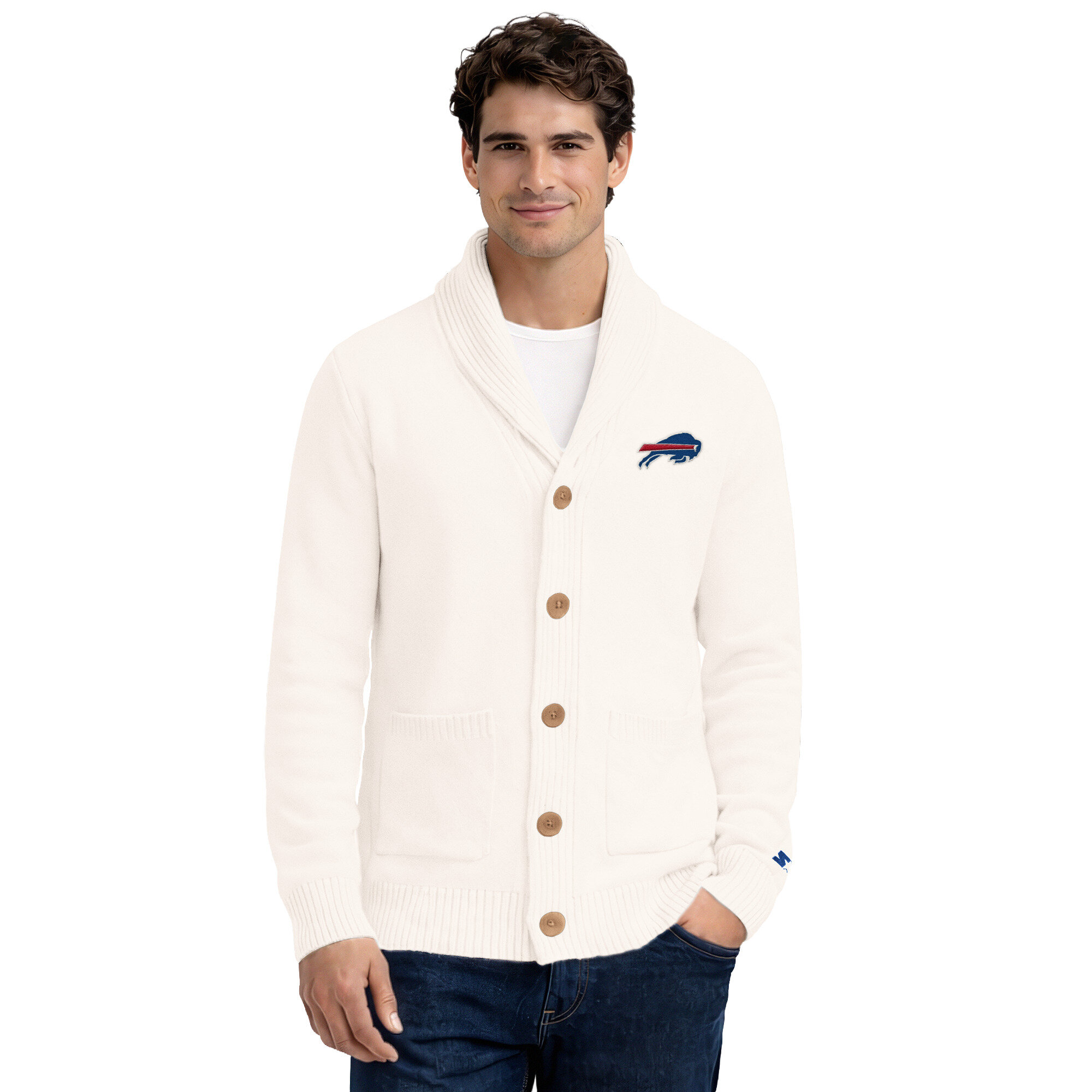 Men's Starter Cream Buffalo Bills Shawl Collar Heavy Knit Cardigan Sweater
