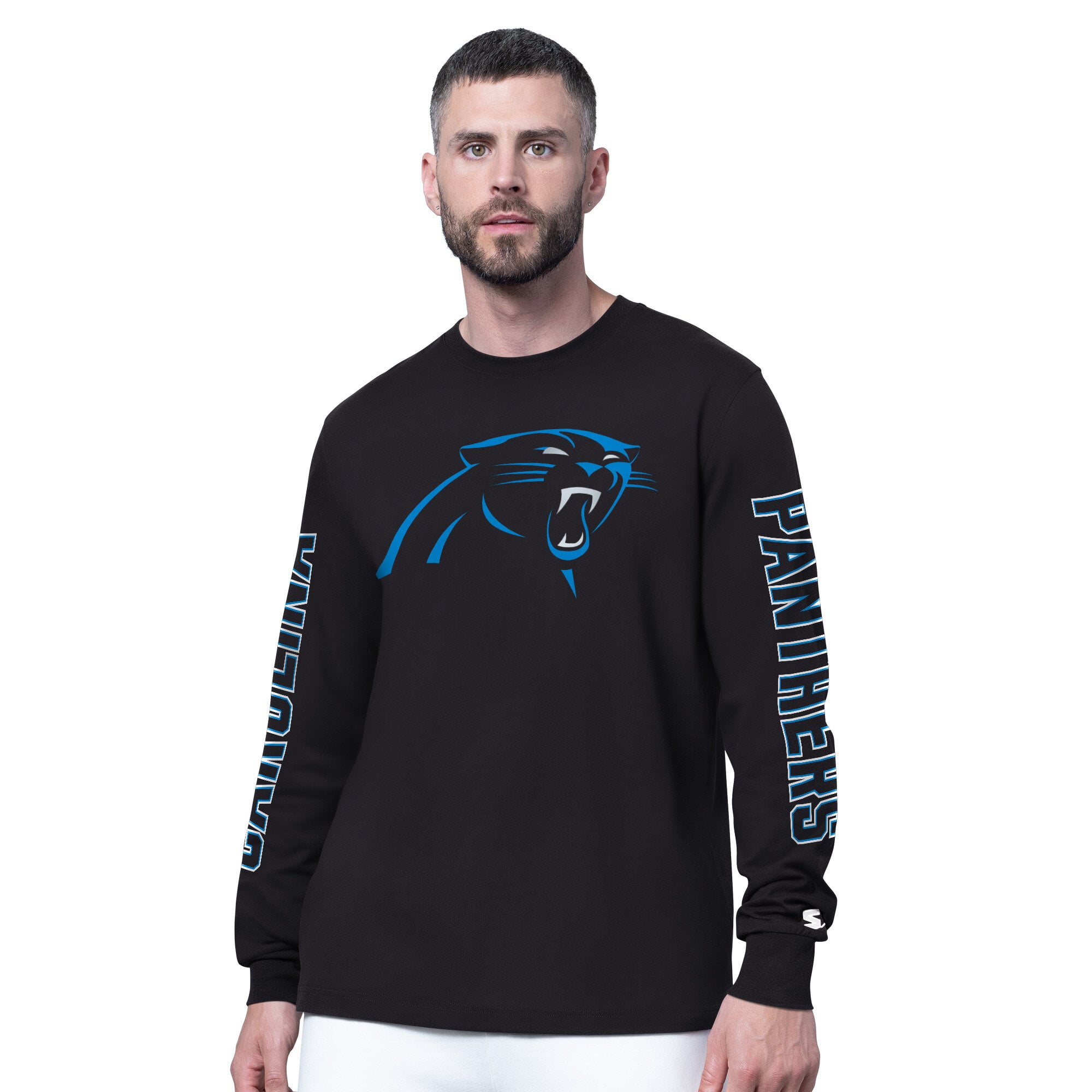 Men’s Starter Black Carolina Panthers Clutch Hit II Long-Sleeve T-Shirt