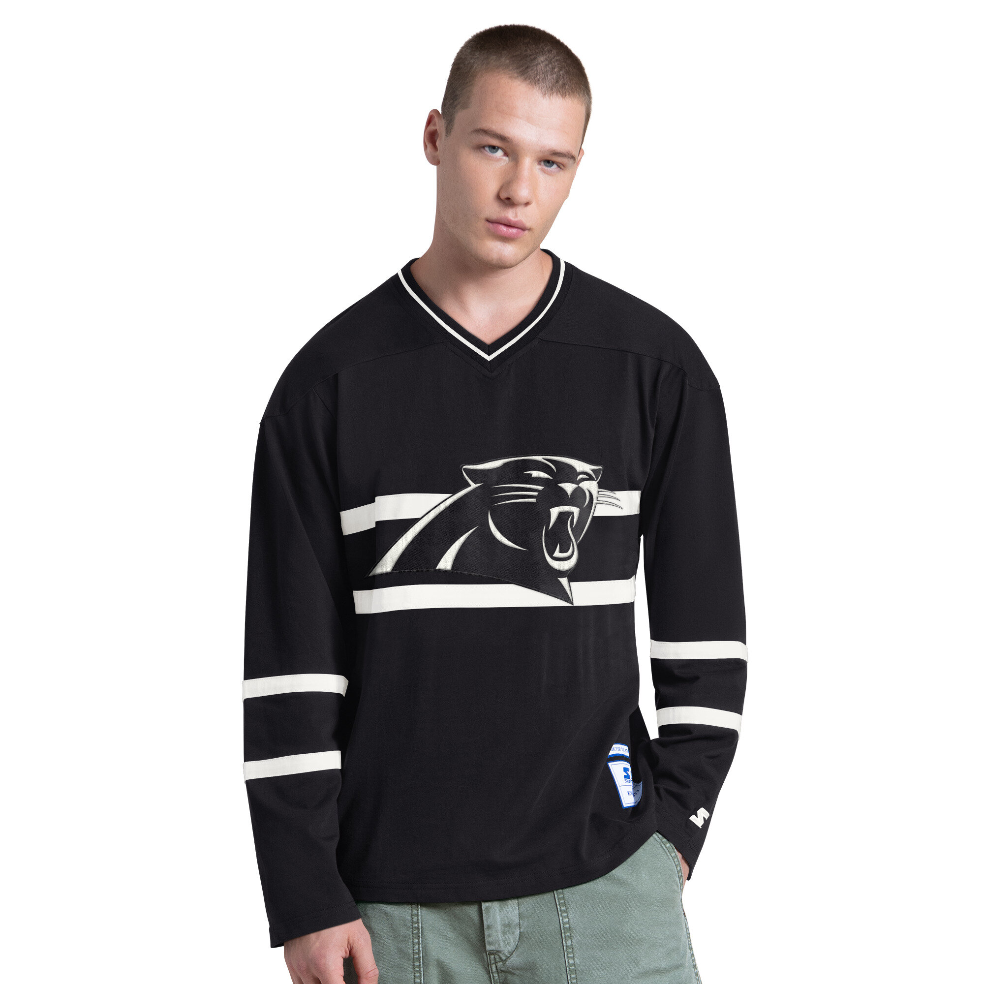 Men's Starter Black/White Carolina Panthers Lineup Long Sleeve T-Shirt