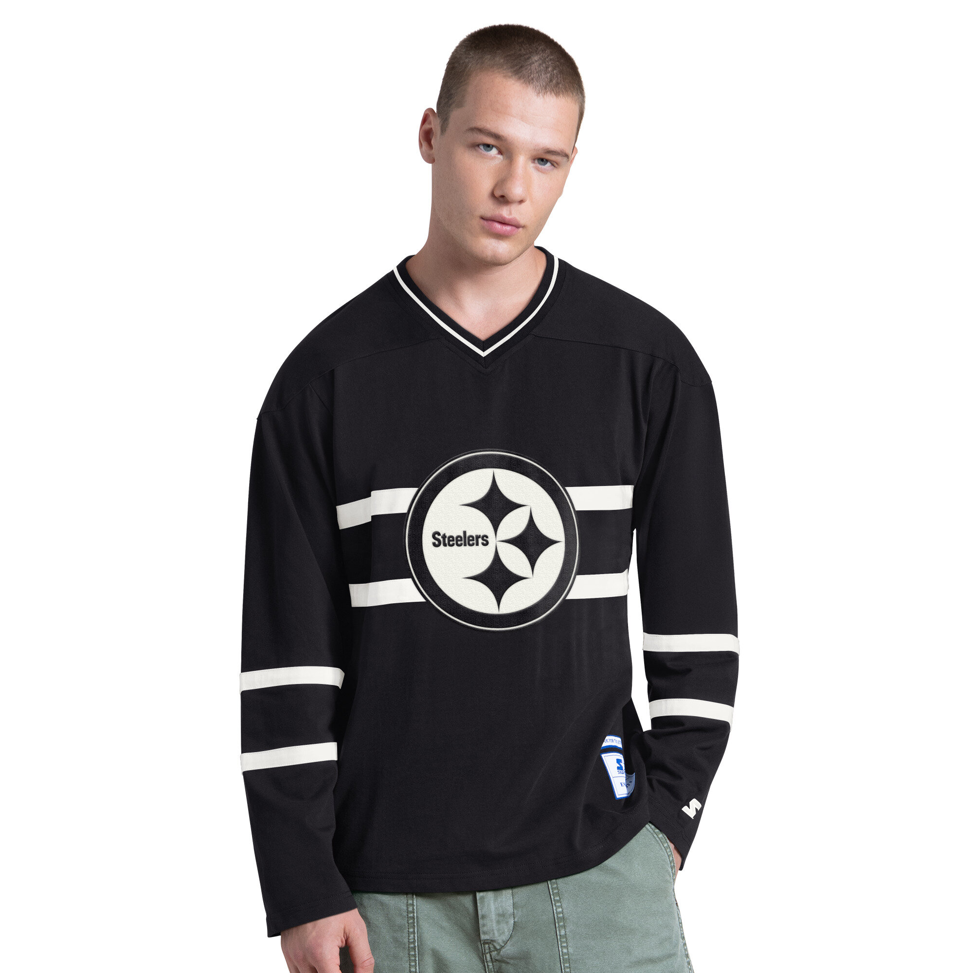 Men's Starter Black/White Pittsburgh Steelers Lineup Long Sleeve T-Shirt
