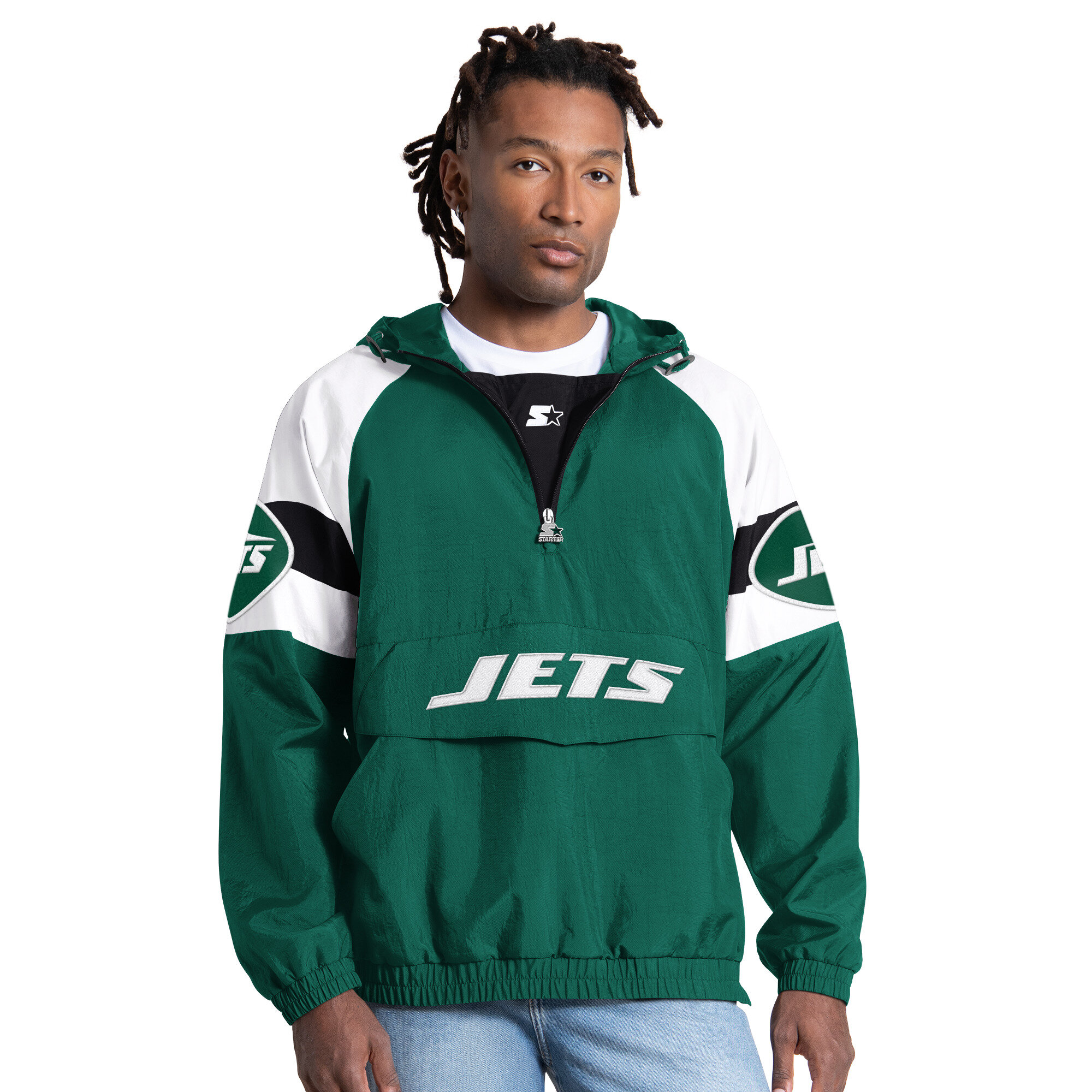 Men's Starter Green New York Jets Street Cut Half-Zip Jacket