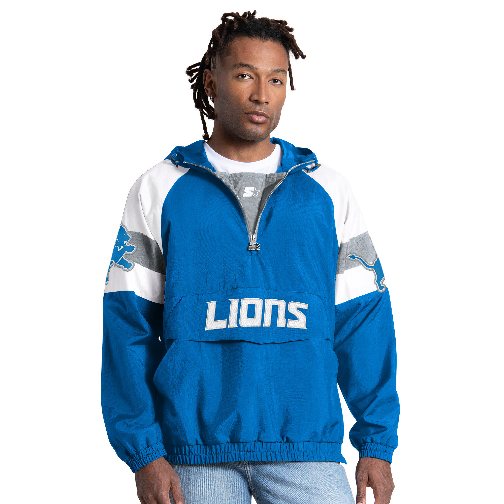 Starter Men's Blue Detroit Lions Street Cut Half-Zip Jacket - Blue, Silver