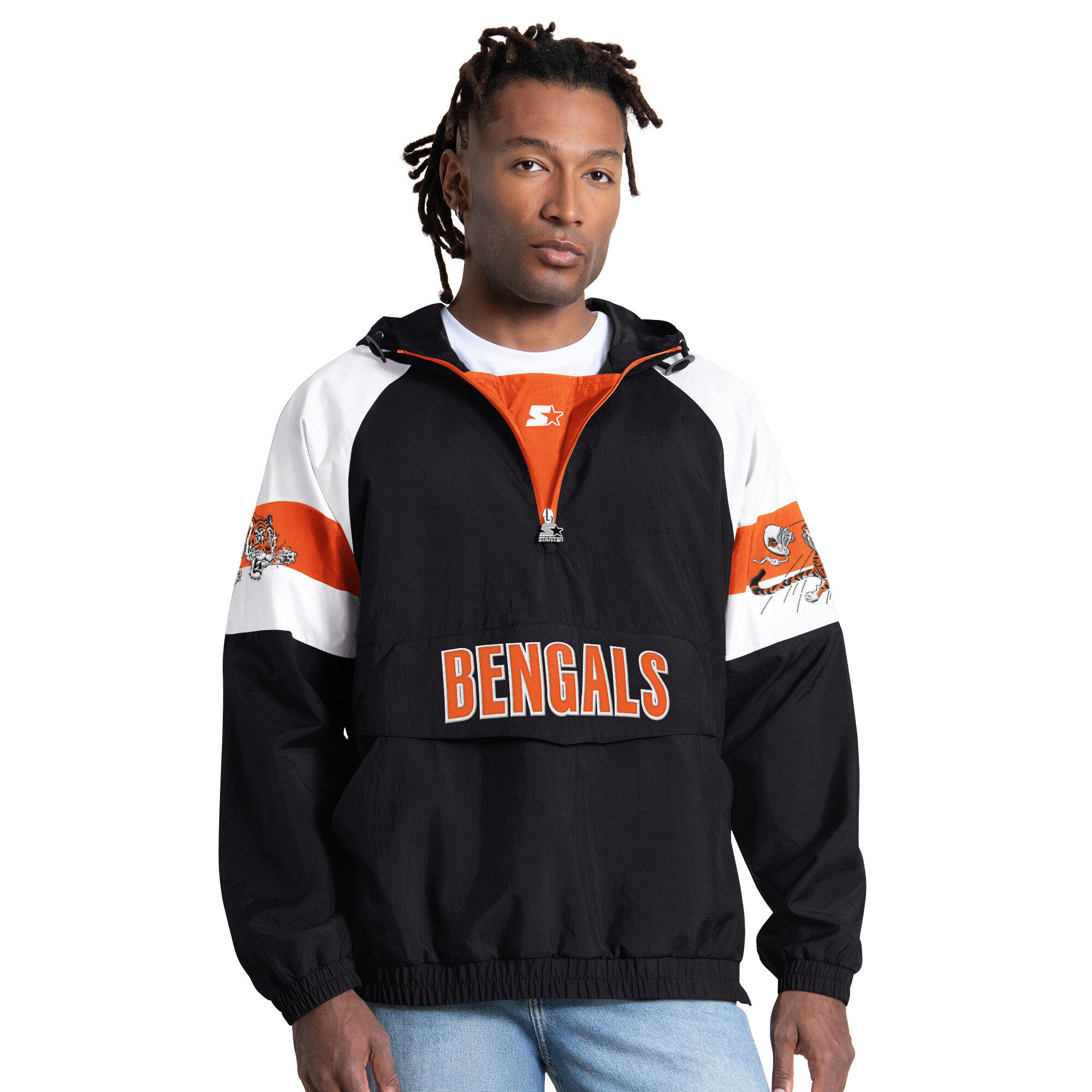Men's Starter Black Cincinnati Bengals Street Cut Retro Logo Half-Zip Jacket