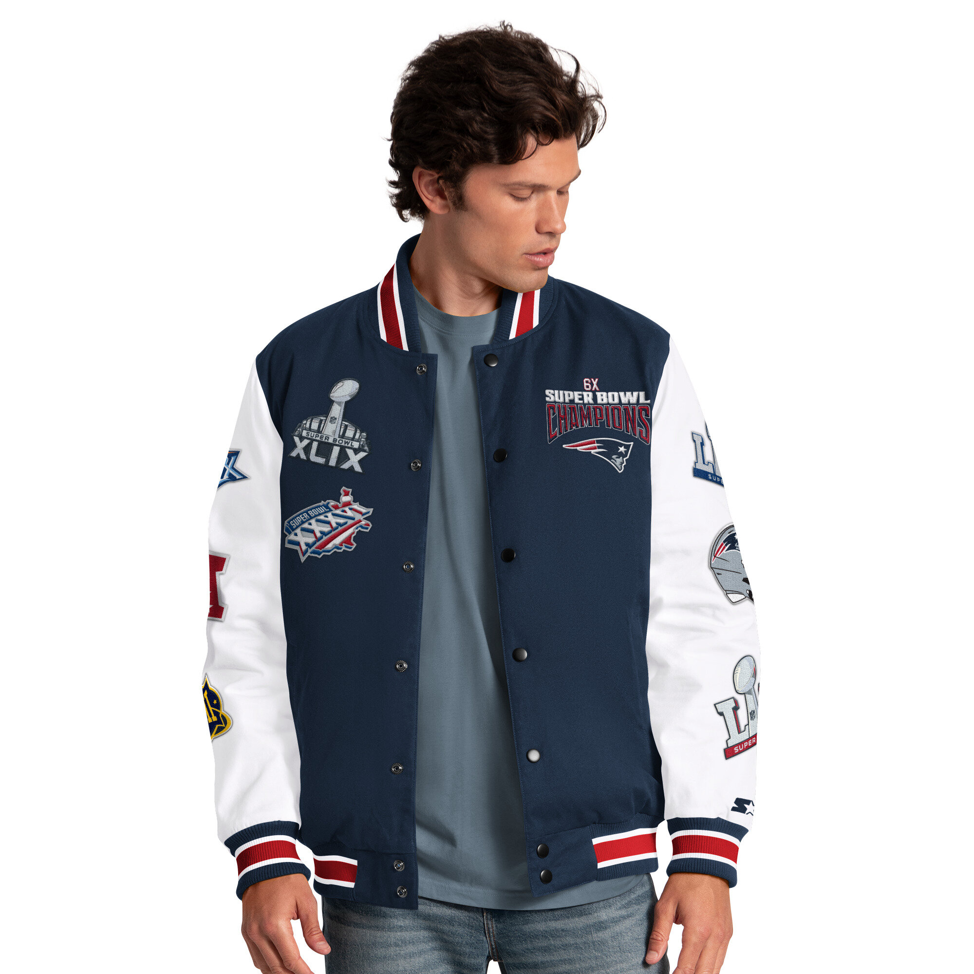 Men's Starter Navy New England Patriots Playoffs Varsity Full-Snap Jacket